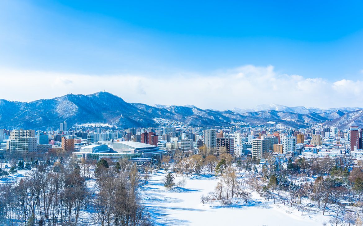 Beautiful architecture building with mountain landscape in winte